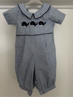 Lil Cactus Blue and White Striped Whale Appliqué Baby Romper